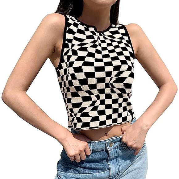 Tops - NEW RETRO CHECKERED KNIT CROP TOP